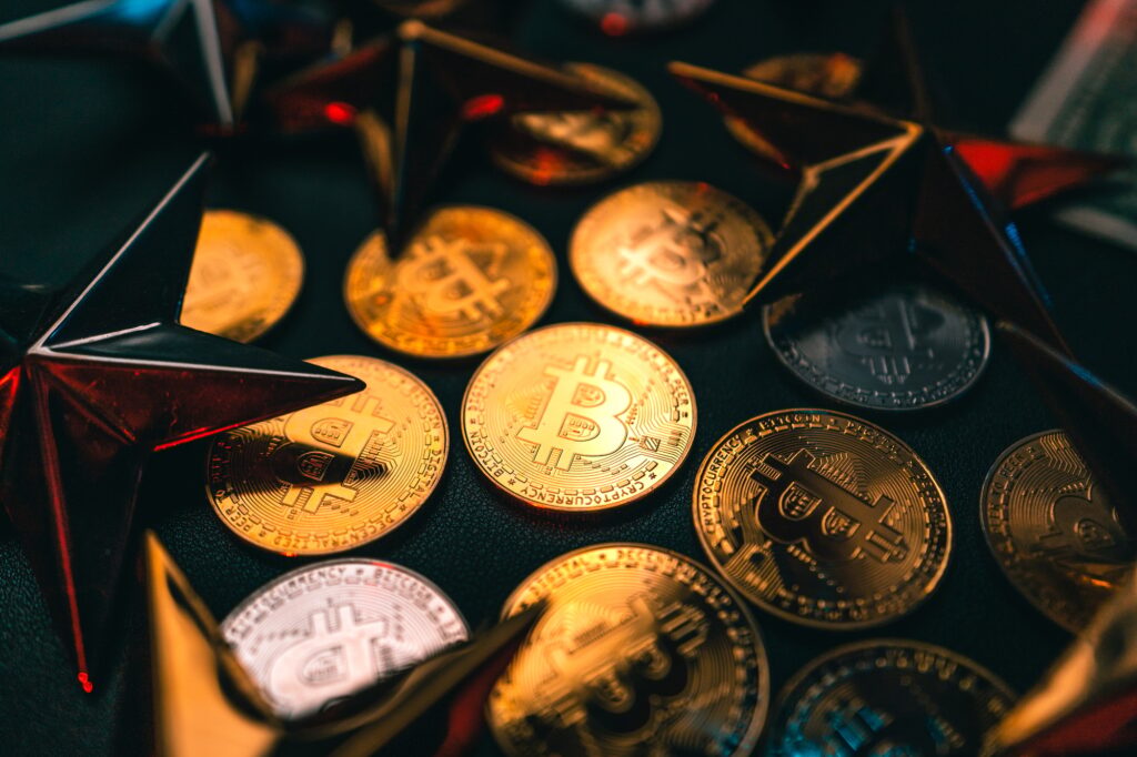 Bitcoin on a home computer chart and money and investment